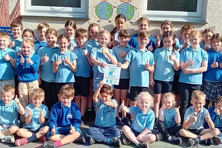 Ysgol Llanfarian pupils celebrate their platinum eco award