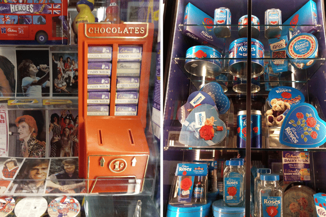 I had a 1p chocolate dispenser like this one on the left, and seeing all these tins reminded me of my gran who used them to store buttons once all the chocolates had gone