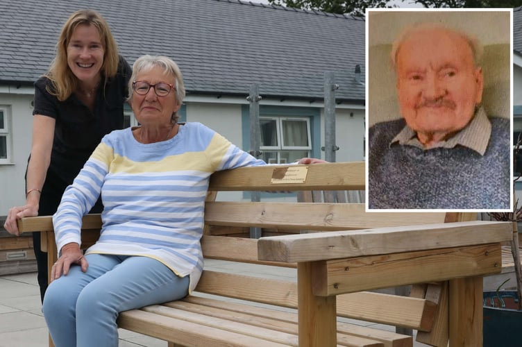 Nia Davies Williams with Janet Knight on the bench in memory of Janet's late father and resident Donald Estcourt (inset). Main photo: Rick Matthews