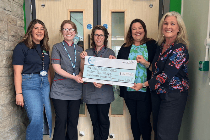 Paige Denyer, administration officer, Cerian Llewellyn, Interim Head of Midwifery, and Emma Booth, Clinical and Operational Lead Midwife, with Rhian Davies and Elinor Powell from Cyfeillion Bronglais League of Friends. Photo: Julie McNicholls Vale