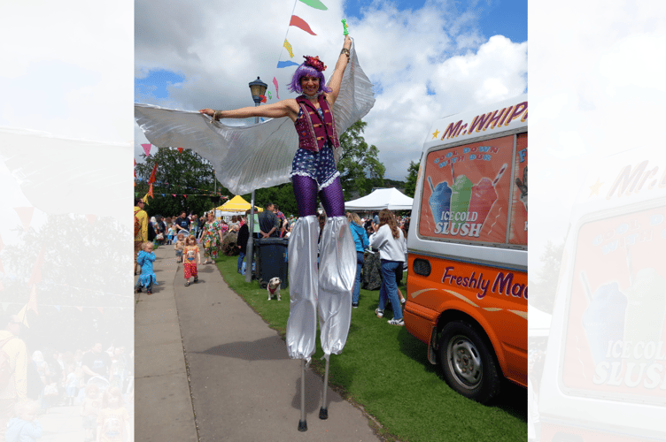 Leading the parade on stilts and entertaining at Y Plas. Photo: Julie McNicholls Vale