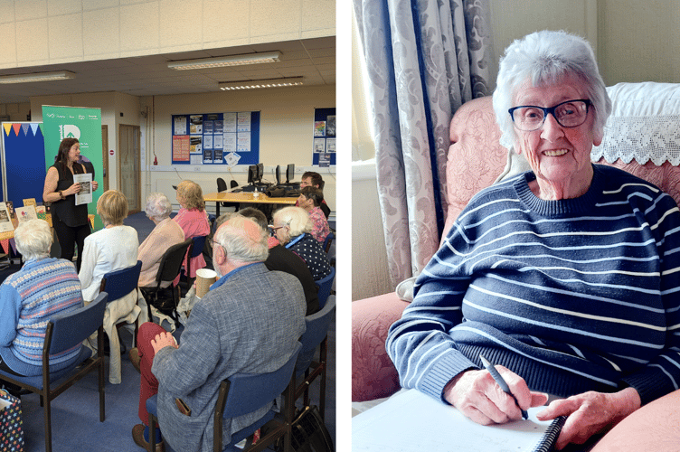 The launch of the booklet, left, and 92-year-old contributor, Mair, right