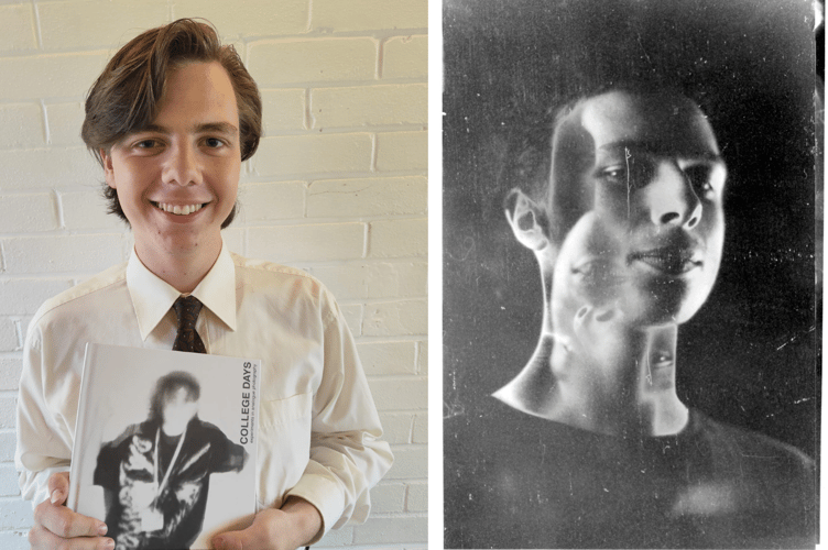 Oskar with his photo book, left, and an example of his photography, right