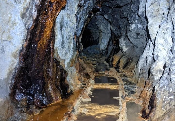 A disused track disappears into the black of a mine and its fading history