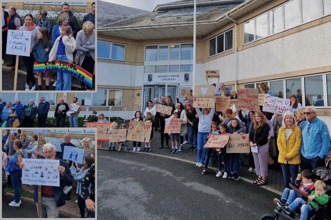 Protesters outside Penmorfa ahead of a meeting to decide the future of four north Ceredigion schools