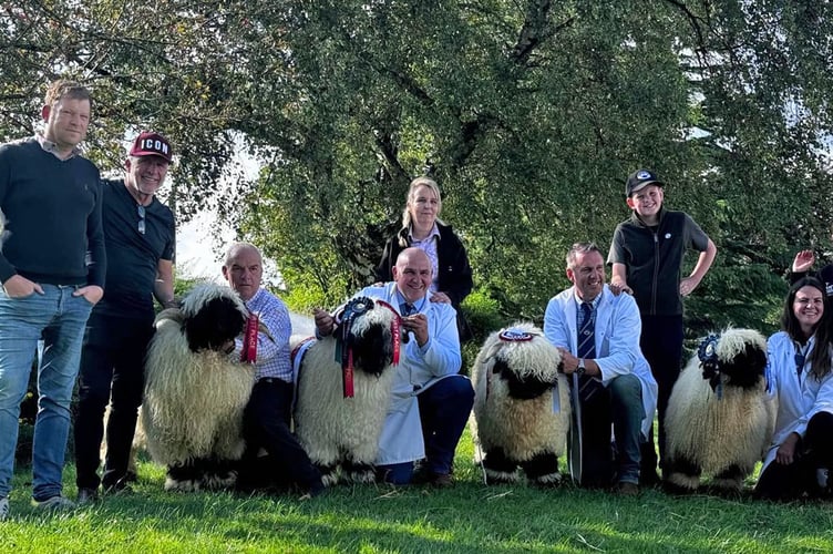 Anthony Cooper-Barney (second from left) and farm manager Mark Tustain (far left) with the Valais Blacknose sheep and the sellers at Carlisle