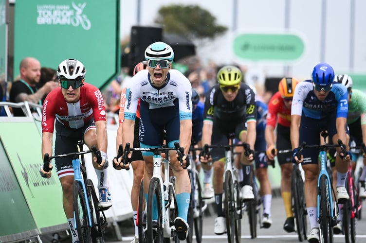 Picture by Simon Wilkinson/SWpix.com - 08/09/2024 - Lloyds Bank Tour of Britain 2024 - Stage 6: Lowestoft to Felixstowe -MatevÅ¾ Govekar (Bahrain Victorious) wins Stage 6 of the Lloyds Bank Tour of Britain 2024 in Felixstowe