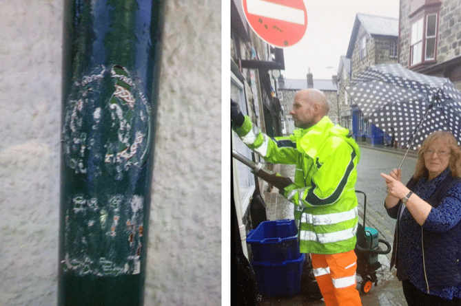 Cllr Morgan shared pictures of the damage stickers cause and the council working hard to remove them