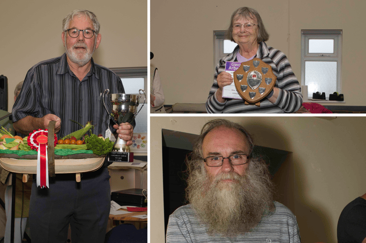 Clockwise: Robert Edwards, Harlech, won five cups and a shield, and was also awarded the trophy for the best winning entry in the show, and Edna Hinckley and Bill Hildyard won in the flower section