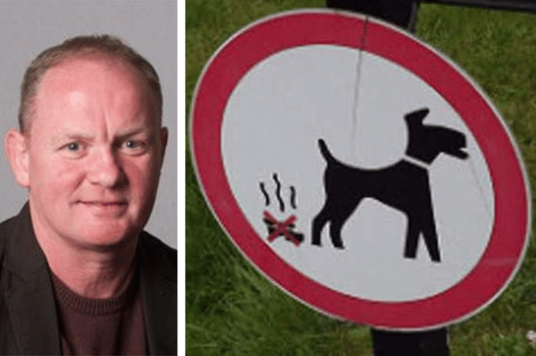 Left: Cllr Thomas (Gwynedd Council pic) cable ties dog poo bags to poles and fences in a bid to rid his ward of excrement. Right: Dog fouling sign. (Photo: Elliott Brown)