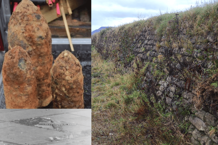 Top left, an example of projectiles found at the site, bottom left, an image from 1941 showing buildings on the site which are no longer present, right, a sandbag wall. Photos: Natural Resources Wales