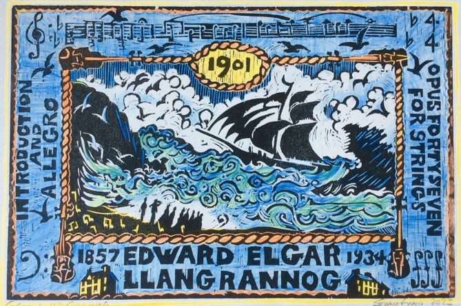 "One of the prizes is a charming hand-coloured lino print by Borth artist Stuart Evans, highlighting the little known visit Edward Elgar made to Llangrannog in 1901"