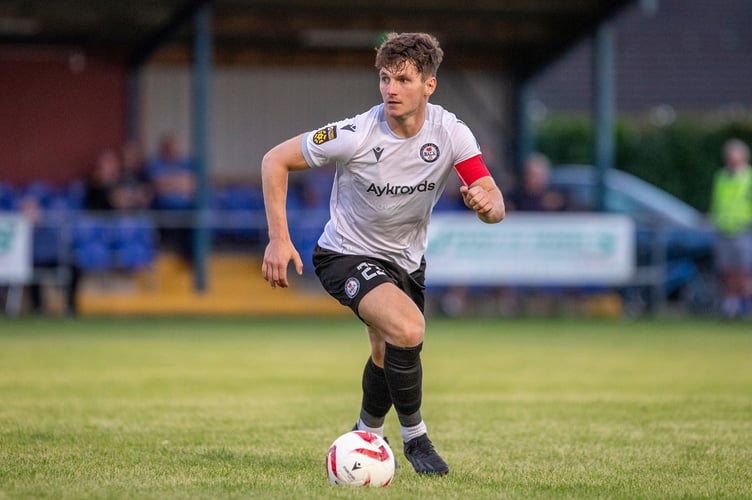 RUTHIN, WALES - 2 AUGUST 2024: Bala Town's Ross White during the Nathaniel MG Cup Second  Round fixture between Ruthin Town and Bala Town at Memorial Playing Fields, Ruthin, Wales (Pic by Nik Mesney/FAW)