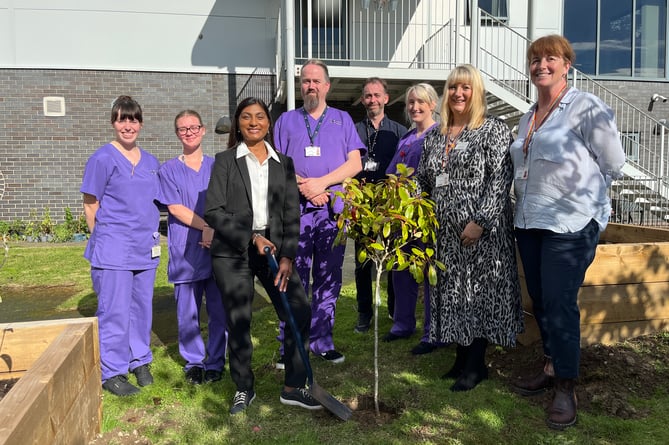 Chief Nursing Officer Sue Tranka and Amanda Jones, Principal in Healthcare Education at Aberystwyth University, with other staff and students planting the tree to mark the start of the new wellbeing garden