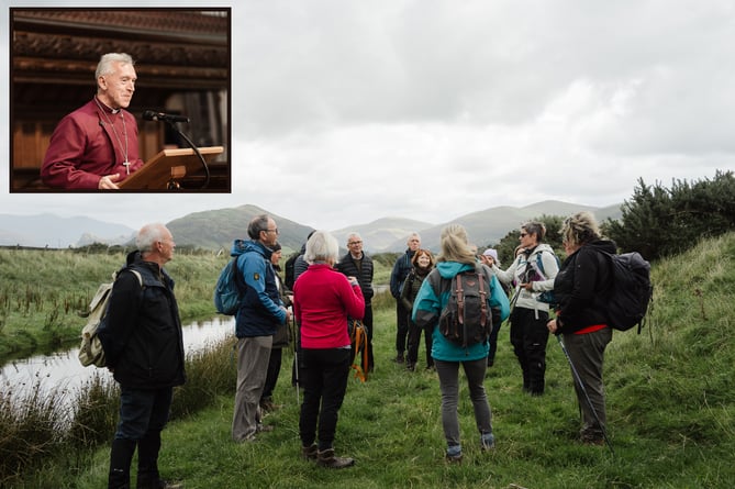 The launch event saw 20 pilgrims, including the Archbishop of Wales Andrew John (inset) embark on the first stage of the trail