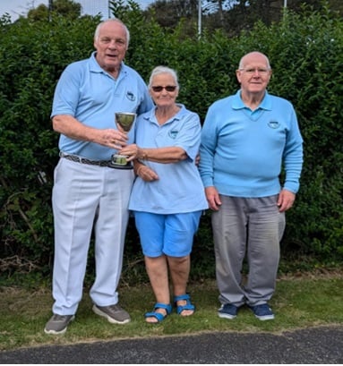 Barmouth Bowling Club's Patrick, Pam (chairman) and Colin with the Goat Cup