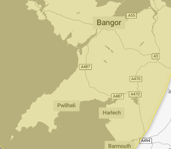 The Met Office image of the areas of Gwynedd affected by the weather warning