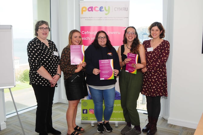 Carys Davies, Ceredigion Childcare Strategic Manager; Carys Flynn, Registered Childminder (Bwthyn Carys); Eleri Williams, Registered Childminder (Gofal Ty Ni Childcare); Terri Steele, Registered Childminder (Let’s Grow – Terri Steele Childminding) and Sara Llwyd, Ceredigion Childcare and Training Coordinator
