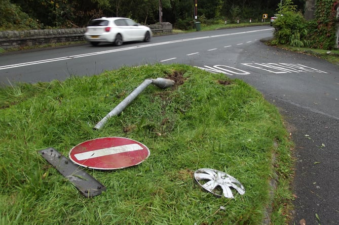 This road sign was the latest Rhyd-y-Sarn road crash victim, but residents fear someone will be seriously hurt next time