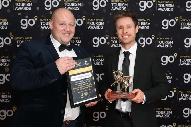 Go North Wales Tourism Awards
Headline sponsor Harlech Foodservice.

Go Glamping, Camping, Caravanning and Holiday Park of the Year sponsored by Carbon Zero Renewables Ltd
Winner - Go Below Underground Adventures
Sponsor Gareth Jones with winner Mike Morris