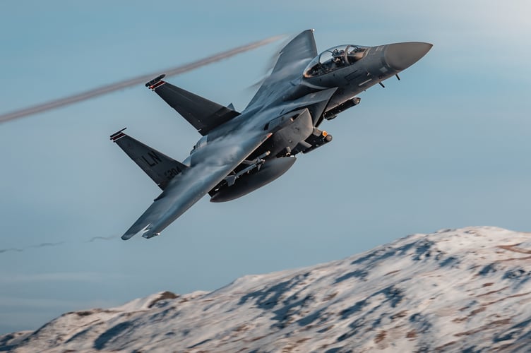 Jaw-dropping pictures show American warplanes zooming through snowy Welsh valleys this month. The F-15E Strike Eagles - based in at RAF Lakenheath in Suffolk - were pictured pulling off high-speed manoeuvres at the so-called Mach Loop in west-central Wales. The jets are from the 494th 'Panthers' fighter squadron, described as a combat-ready squadron that supports NATO operations and the United States Air Forces in Europe.