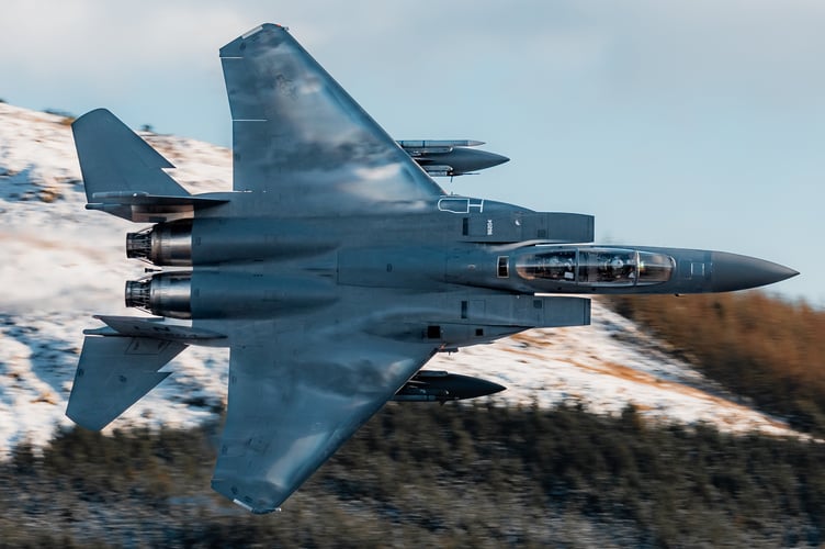 Jaw-dropping pictures show American warplanes zooming through snowy Welsh valleys this month. The F-15E Strike Eagles - based in at RAF Lakenheath in Suffolk - were pictured pulling off high-speed manoeuvres at the so-called Mach Loop in west-central Wales. The jets are from the 494th 'Panthers' fighter squadron, described as a combat-ready squadron that supports NATO operations and the United States Air Forces in Europe.