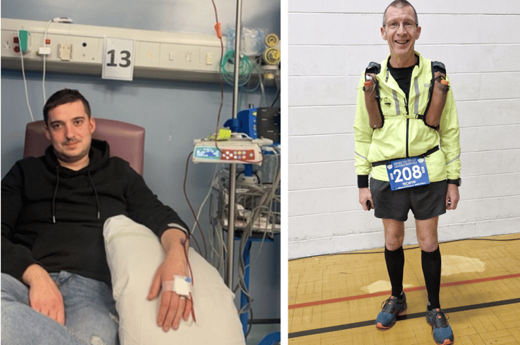 Coleg Menai engineering skills supervisor Daron Evans before undergoing chemotherapy in 2023, left, and Tecwyn Jones ready to compete in the Pen Llŷn Winter Ultra race, right