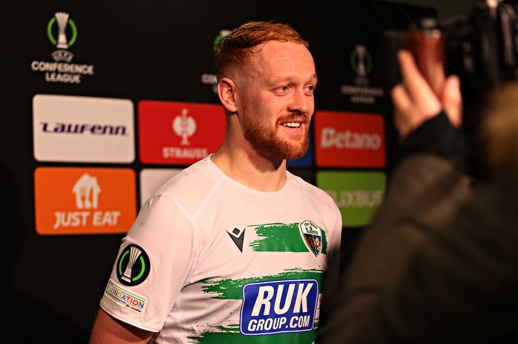 SHREWSBURY, SHROPSHIRE, ENGLAND - 12th DECEMBER 2024 - Sion Bradley of The New Saints F.C. is interviewed after The New Saints vs Panathinaikos Athlitikos Omilos in Round 5 of the UEFA Europa Conference League at the New Meadow, Shrewsbury (Pic by Sam Eaden/FAW)