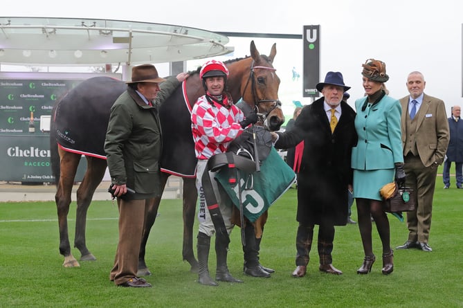 Owners Anthony and Donna Cooper-Barney with their friend Peter Fury, trainer Nicky Henderson and jockey Nico de Boinville who rode Jango Baie to victory at Cheltenham.
Image credit: The Jockey Club, Debbie Burt