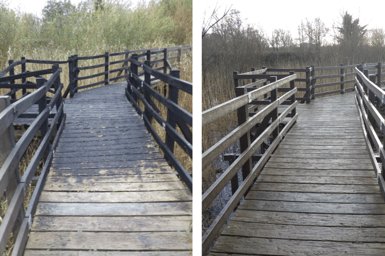 The fire damaged footbridge (left) has been repaired (right)