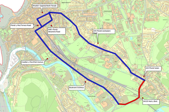 A map of the road closure (in red) and alternative routes (in blue)