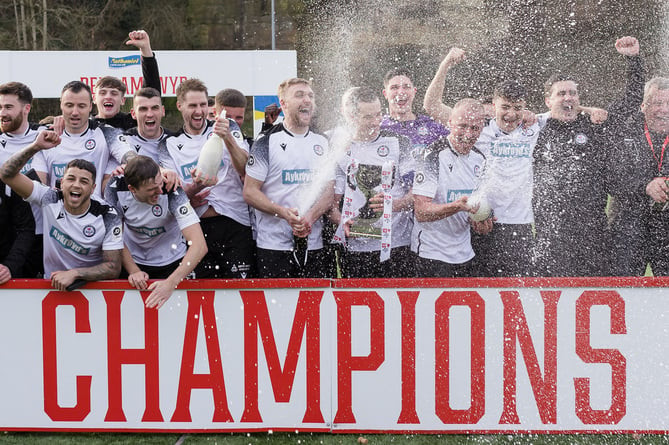 WREXHAM, WALES - 28 JANUARY 2023: Trophy lift during the Nathaniel MG Cup final between Bala Town & Connah's Quay Nomads at the The Rock Stadium, January 28th, 2023, Wrexham, Wales (Pic By John Smith/FAW)