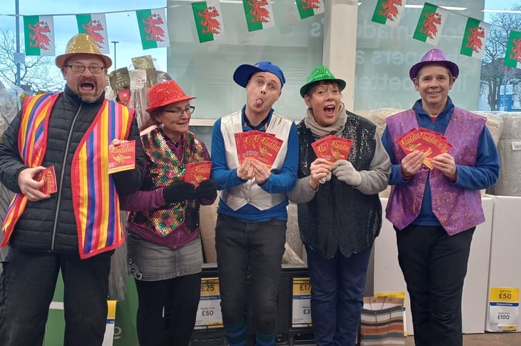 Some of the cast travelled from Criccieth to Porthmadog to promote the pantomime