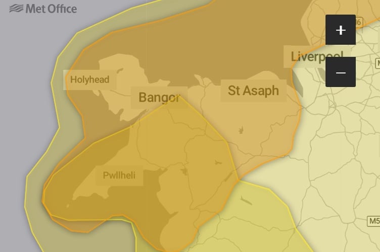 Met Office map of area of Gwynedd included in Amber warning