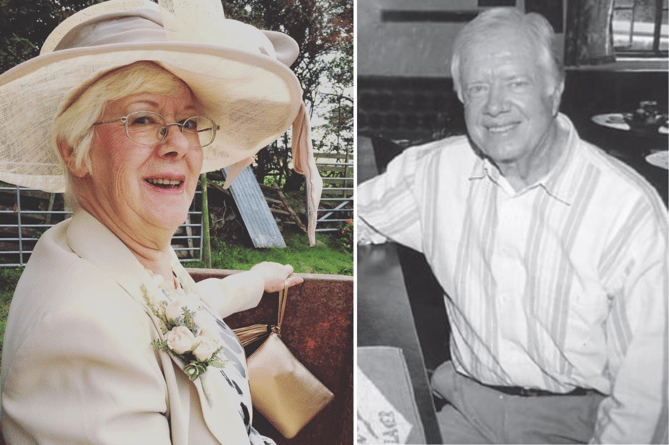 Sue Kevans (left) and Former US President Jimmy Carter (right) during a visit to the Ram Inn in Cwmann. Sadly Sue doesn't have a picture of him in her pub.