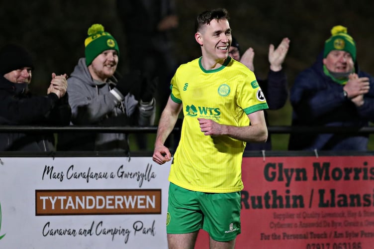 BALA, GWYNEDD, WALES - 31st JANUARY 2025 - Adam Davies of Caernarfon celebrates his goal during Bala Town vs Caernarfon Town in Round 24 of the JD Cymru Premier at Maes Tegid, Bala (Pic by Sam Eaden/FAW)