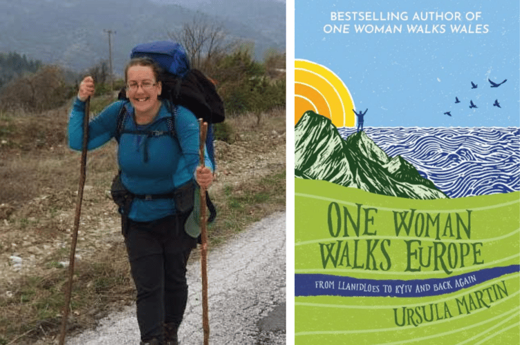 Ursula during her trek across Europe (left) and the cover of her new book about the journey (right)