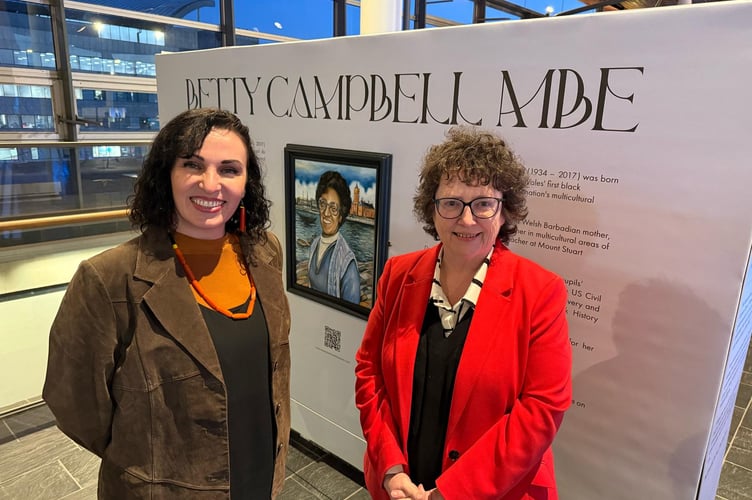 Artist Meinir Mathias and Elin Jones MS at the official opening of the exhibition at the Senedd