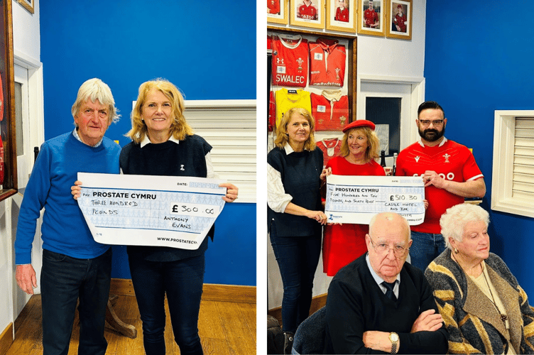 Anthony Evans, left and The Castle Hotel and Bar, right, present cheques to Prostate Cymru