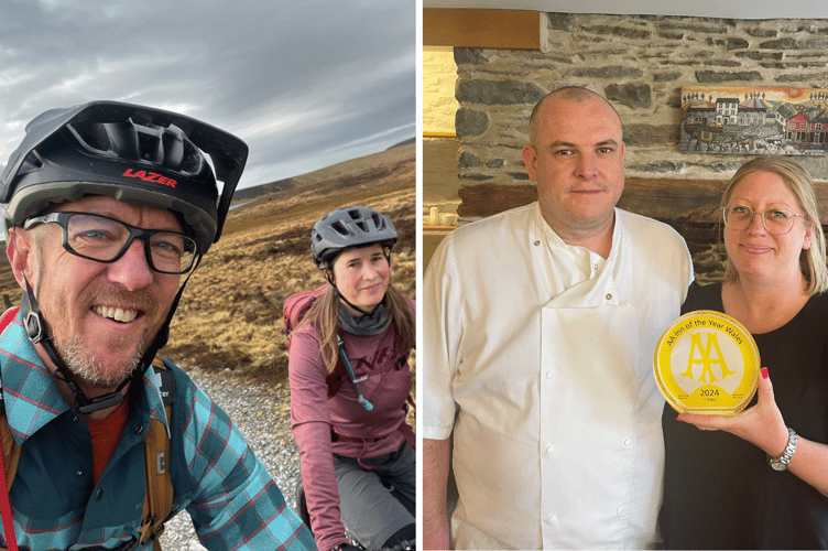 Phil Stasiw and Polly Clark of Mountain Bike Wales, Staylittle, left, and Dafydd and Tracy Watkin of The Talbot, Tregaron, right