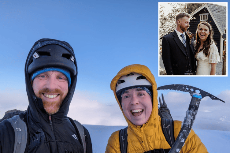 Boo and Iain Schofield during an outdoor adventure, main, and getting married, inset