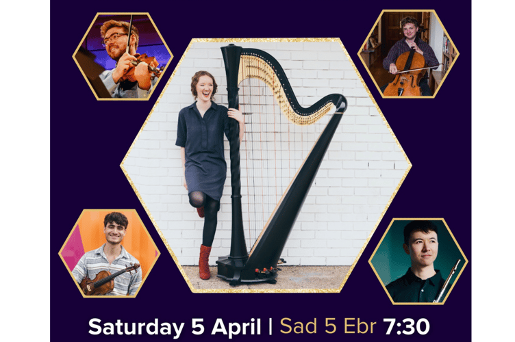 Former Royal Harpist, Alis Huws, centre, will be joined by Daniel Shao (flute), Samuel Cutajar (violin), Mabon Llŷr Rhyd (viola) and Edward Mead (cello) for her final Sinfonia Cymru concert