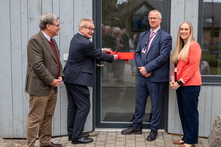 Official opening of the new replica veterinary clinic at Aberystwyth University’s School of Veterinary Science.  Left to right: Professor Darrell Abernethy Head of School; Graham Colley; Professor Jon Timmis, Vice Chancellor; and Emma Anscombe-Skirrow, Senior Lecturer in Veterinary Nursing.